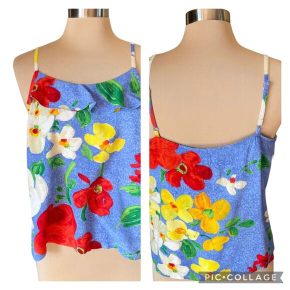 Jams World Ruffle Tank Blue Multicolor Floral MEDIUM Artsy Bold Summer Vacation - Picture 1 of 8